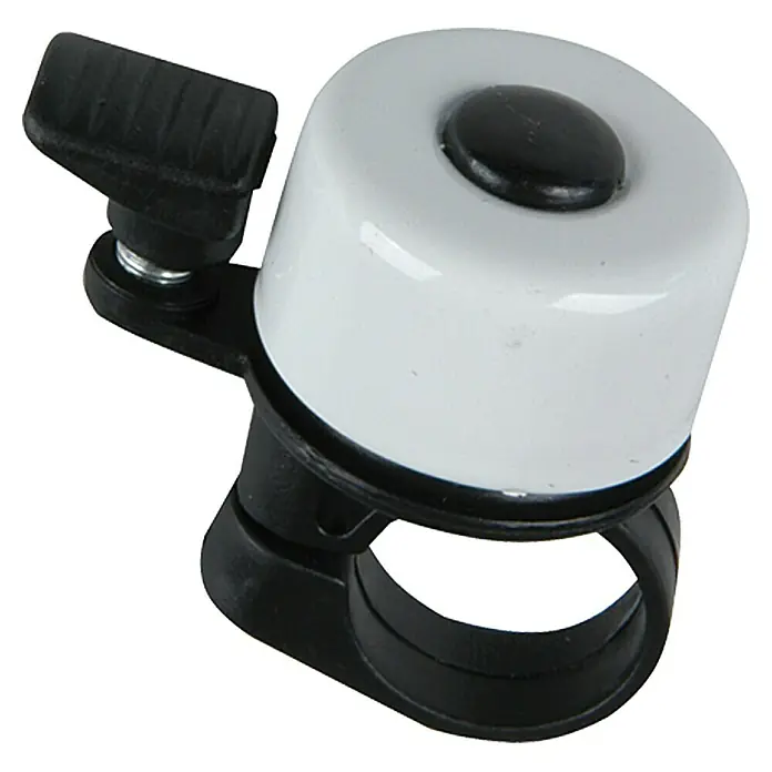 Fischer Fahrradglocke - Weiß, Durchmesser: 22 mm - Nahaufnahme einer Fahrradklingel mit weißer Glocke, schwarzem Knopf und Lenkerhalterung.