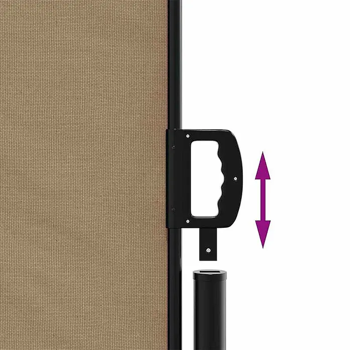 vidaXL ausziehbare Seitenmarkise Taupe 300 x 100 cm Polyester -  - Brauner Netzschirms mit schwarzem Rahmen, dessen schwarzer Griff durch Pfeile in eine schwarze Bodenhülse eingeführt wird.