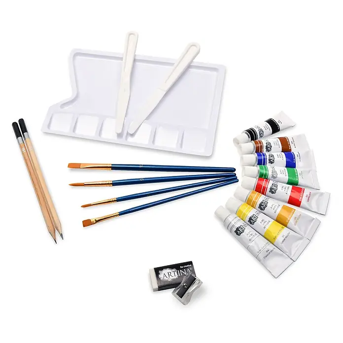 Artina Acrylfarben-Set -  - Acrylmalset mit Palette, Mischmessern, Farbtuben, Pinseln, Bleistiften, Radiergummi und Spitzer.