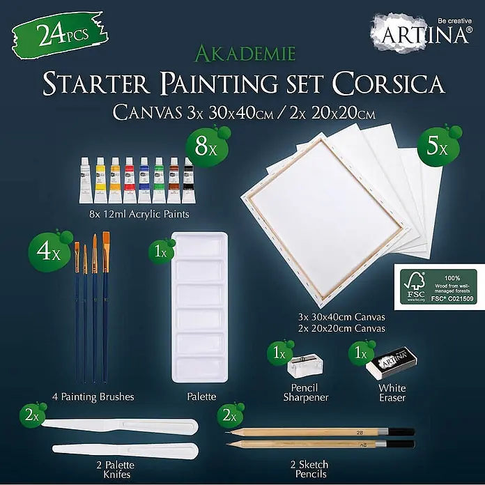 Artina Acrylfarben-Set -  - Artina 24-teiliges Malset mit Acrylfarben, Pinseln, Leinwänden, Palette, Spachteln, Skizzenstiften, Spitzer und Radiergummi.