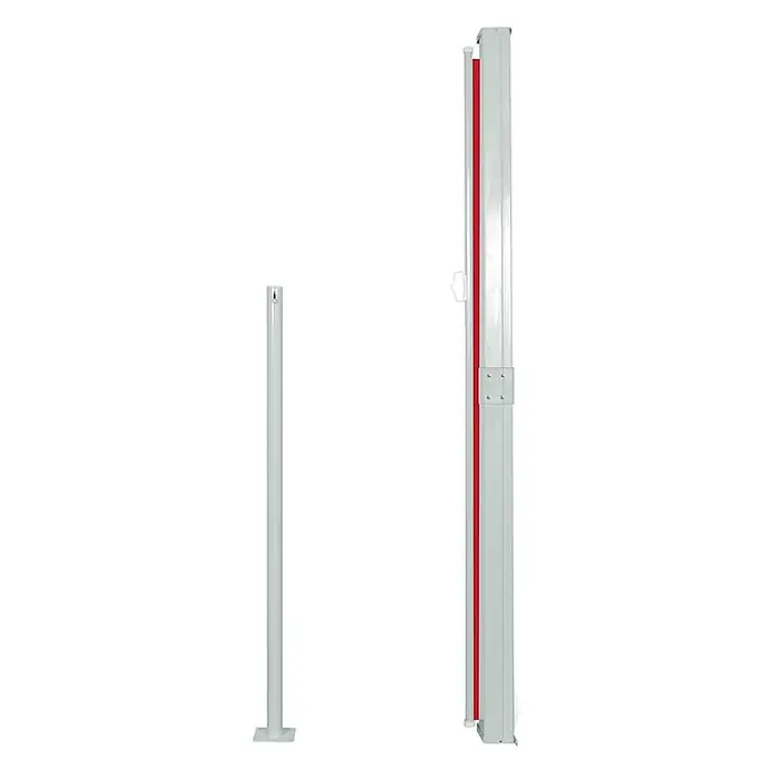 vidaXL Seitenmarkise Rot 300 x 160 cm Stahl -  - Zwei graue Pfosten für ein ausziehbares Absperrsystem; ein Hauptmodul mit rotem Streifen und ein schlanker Empfängerpfosten.