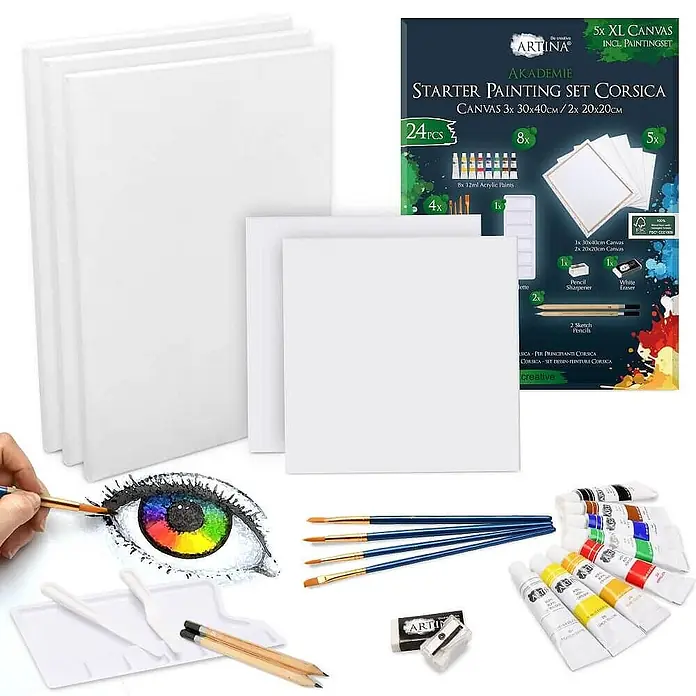 Artina Acrylfarben-Set -  - Ein umfassendes Mal-Starterset mit Leinwänden, Acrylfarben, Pinseln, Zeichenstiften und Kunstzubehör, das eine Hand beim Malen eines Auges zeigt.