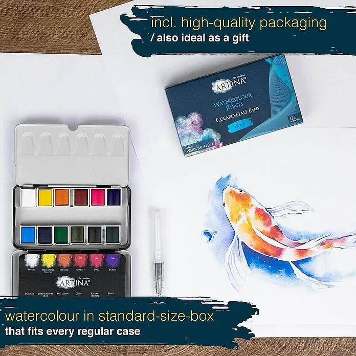 Artina Aquarellfarben-Set -  - Farbenfrohe Aquarellfarben im Metallkasten, Wasserpinsel und Verpackung, mit lebhaftem Fisch-Aquarellbild.