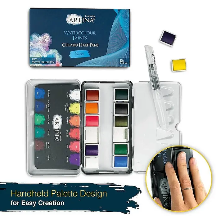 Artina Aquarellfarben-Set -  - Artina Aquarellfarben-Set mit 12 halben Näpfen und Wassertankpinsel, geöffnet mit lebendigen Farben, Betonung des Handheld-Designs.