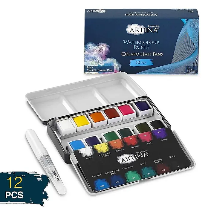 Artina Aquarellfarben-Set -  - Artina Aquarellfarben-Set im Metallkasten mit 12 Näpfchen und Wasserpinsel, Produktkarton daneben.