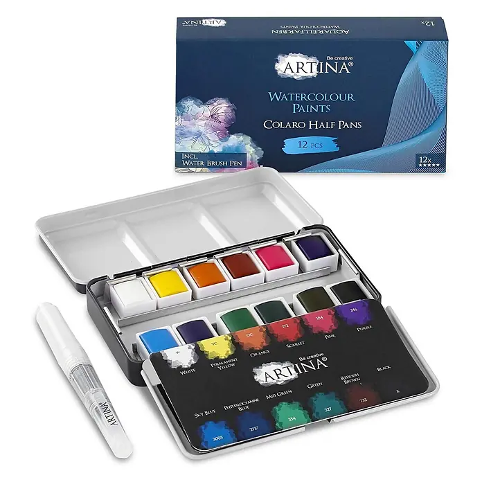 Artina Aquarellfarben-Set -  - Ein ARTINA Aquarellfarben-Set: offener Metallkasten mit 12 bunten Halbpfännchen und Wasserpinselstift, daneben die dunkelblaue Verpackung.