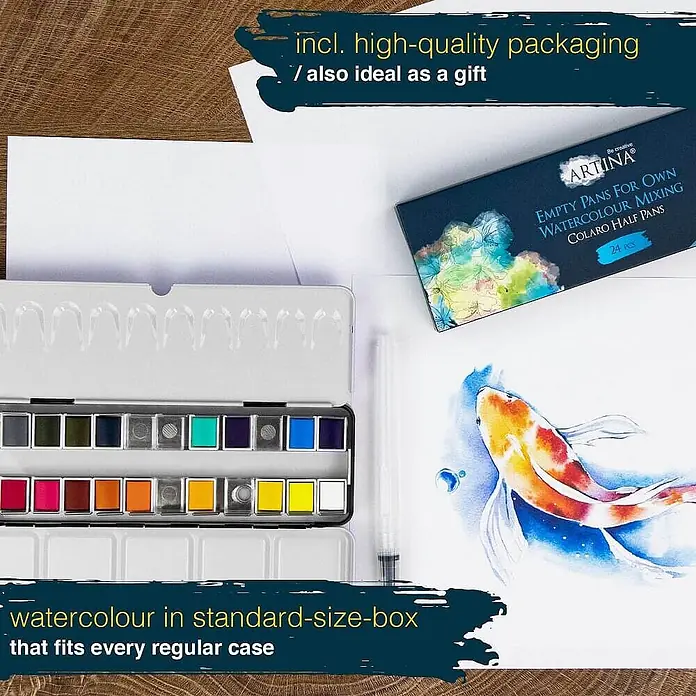 Colaro 24 Fächer Aquarellkasten Leer -  - Ein Metall-Aquarellkasten mit Farbnäpfen und leeren Mischnäpfen, einem Wasserpinsel und einem Koi-Aquarellgemälde.