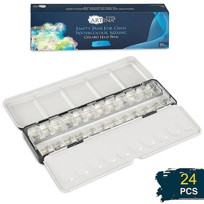Colaro 24 Fächer Aquarellkasten Leer -  - Artina Leerpalette mit 24 transparenten halben Näpfchen in weißem Kunststoffkasten für Aquarellfarben.