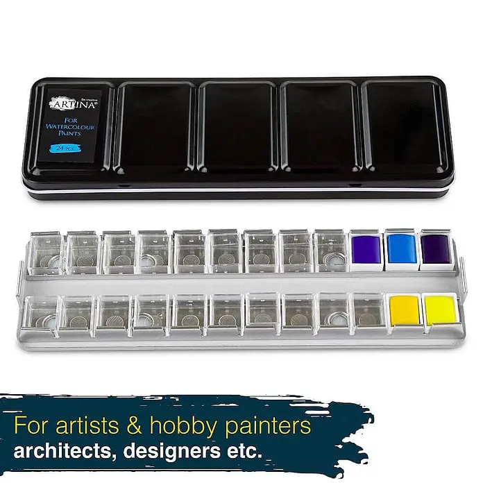 Colaro 24 Fächer Aquarellkasten Leer -  - Schwarzer ARTINA Metall-Aquarellkasten mit 24 leeren/gefüllten Näpfchen (blau, gelb, lila) in klarer Schale, für Künstler.