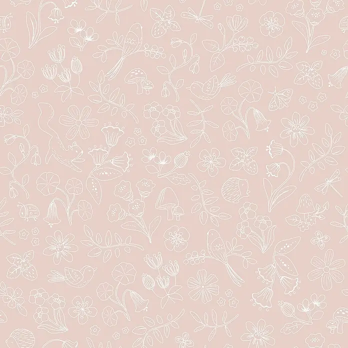 Little Dutch Vliestapete Feentraum - Rosa/Weiß, Floral, 10 x 0,53 m - Nahtloses Muster aus weißen Linienzeichnungen von Naturmotiven wie Blumen, Vögeln und Tieren auf hellbeigem Hintergrund.