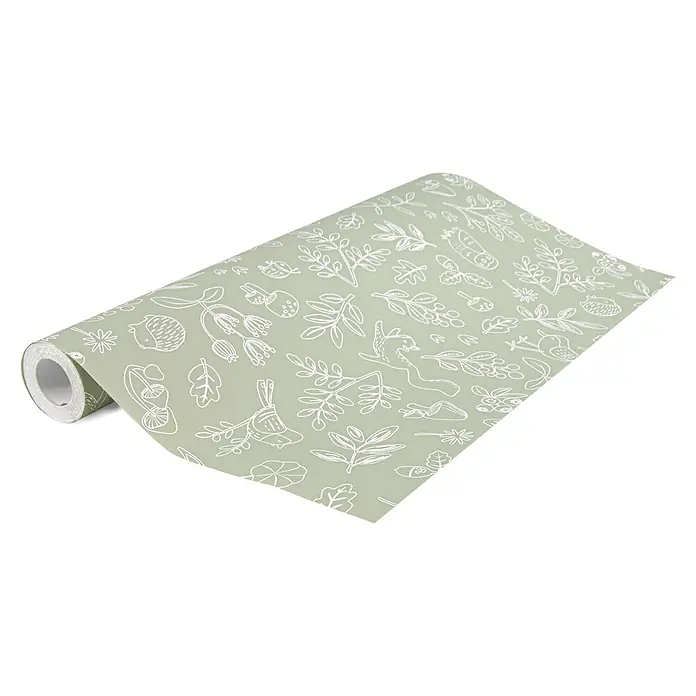 Little Dutch Vliestapete Waldwunder - Grün/Weiß, Floral, 10 x 0,53 m - Hellgrüne Tapetenrolle mit weißem Umrissmuster von Waldtieren und Pflanzen.