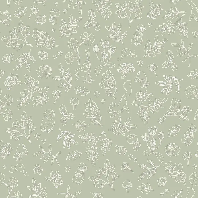 Little Dutch Vliestapete Waldwunder - Grün/Weiß, Floral, 10 x 0,53 m - Nahtloses Muster mit weißen Umrissen von Waldtieren, Pflanzen und Pilzen.
