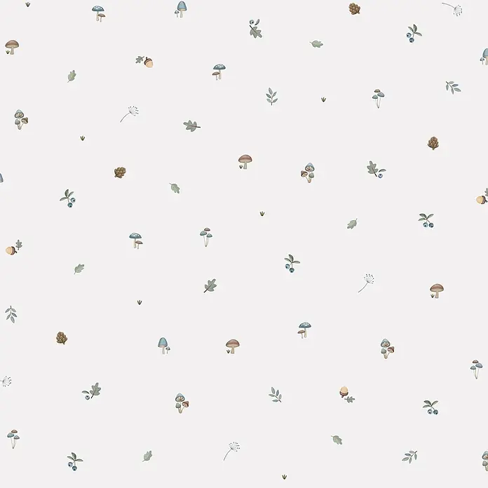 Little Dutch Vliestapete Waldschätze - Blau/Weiß, Tieroptik, 10 x 0,52 m - Nahtloses Muster mit Waldmotiven im Aquarellstil: Pilze, Blätter, Eicheln, Tannenzapfen und Blaubeeren.