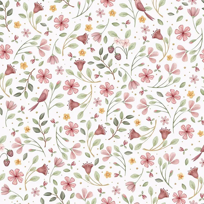 Little Dutch Vliestapete Feentraum - Mehrfarbig, Tieroptik, 10 x 0,52 m - Nahtloses Aquarell-Blumenmuster mit zarten rosa und malvenfarbenen Blüten, grünen Blättern, Vögeln und Erdbeeren.