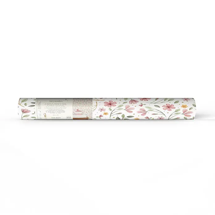 Little Dutch Vliestapete Feentraum - Mehrfarbig, Tieroptik, 10 x 0,52 m - Tapetenrolle 'Fairy Wonders' von Little Dutch mit zartem Muster aus rosa und gelben Blumen und grünen Blättern.