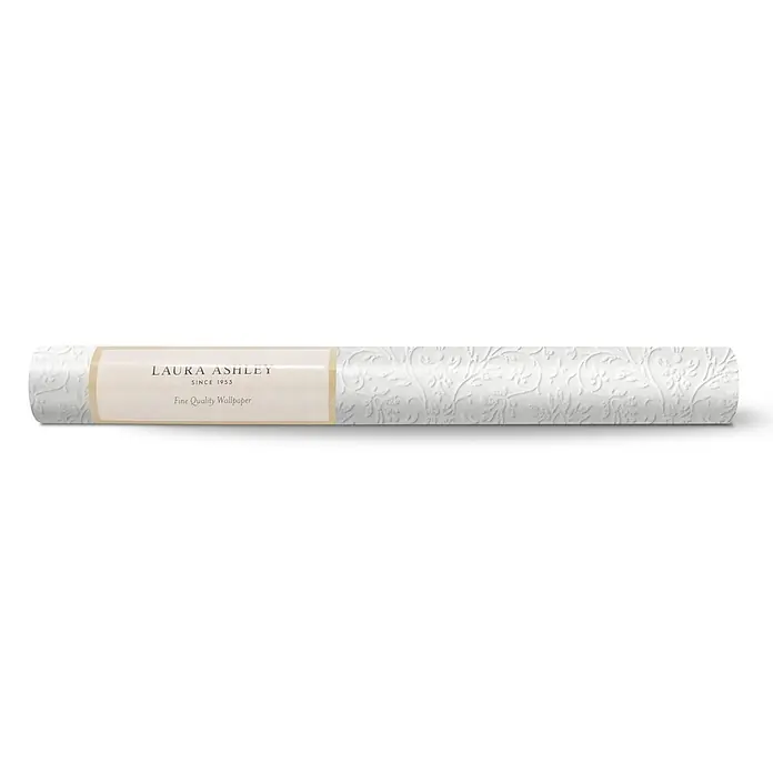 Laura Ashley Vliestapete Annecy - Weiß, Ornament, 10 x 0,52 m - Weiße geprägte Laura Ashley Tapetenrolle mit cremefarbenem Etikett.