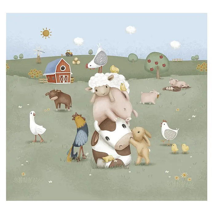 Little Dutch Fototapete kleiner Bauernhof - Vlies - Whimsische Bauernhofszene: ein Stapel Nutztiere (Kuh, Schwein, Schaf, Huhn), ein Kaninchen, Schweine im Schlamm, eine Gans, Hahn, Henne, Kuh, Scheune und Bäume.