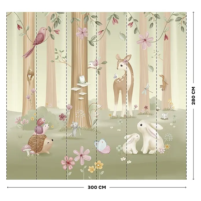 Little Dutch Fototapete Zaubergarten - Vlies - Aquarell-Waldtapete mit Hirsch, Kaninchen, Igel, Vögeln und anderen Tieren. Ideal fürs Kinderzimmer, 300x280 cm.