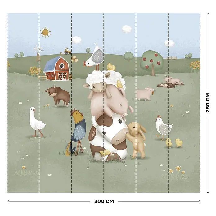 Little Dutch Fototapete kleiner Bauernhof - Vlies - Fototapete Bauernhoftiere (300x280cm) mit gestapelten Kuh, Schwein, Schaf, Huhn und Hase in fröhlicher Bauernhoflandschaft.
