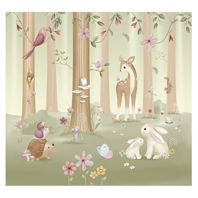 Little Dutch Fototapete Zaubergarten - Vlies - Waldszene mit Reh, Hasen, Igel und anderen niedlichen Waldtieren zwischen Bäumen und Blumen, ideal für Kinderzimmer.