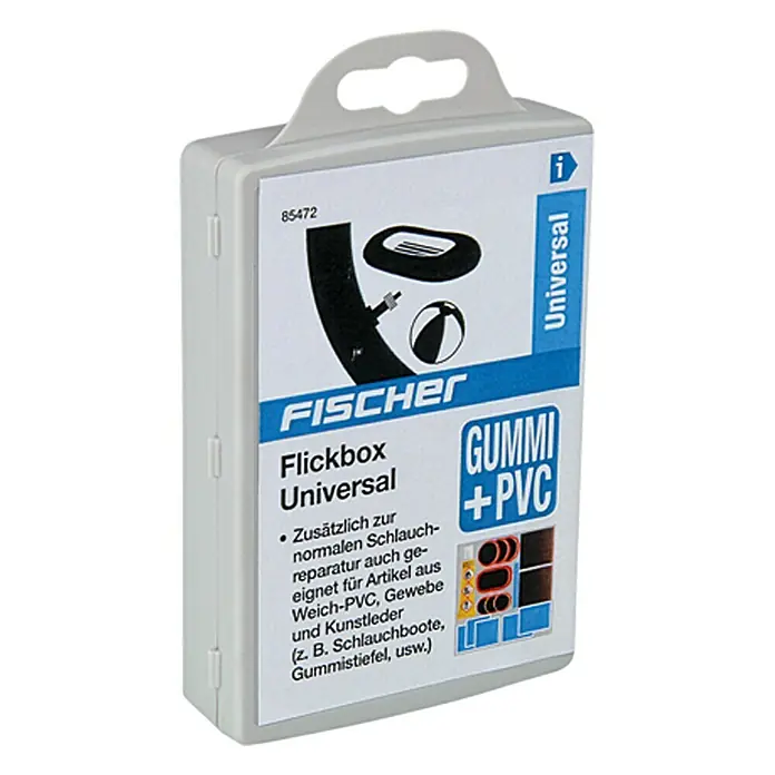 Fischer Flickzeug-Set Universal - 16 -tlg. - Die Fischer Flickbox Universal, ein praktisches Reparaturset für Schläuche und Artikel aus Weich-PVC, Gewebe und Kunstleder.