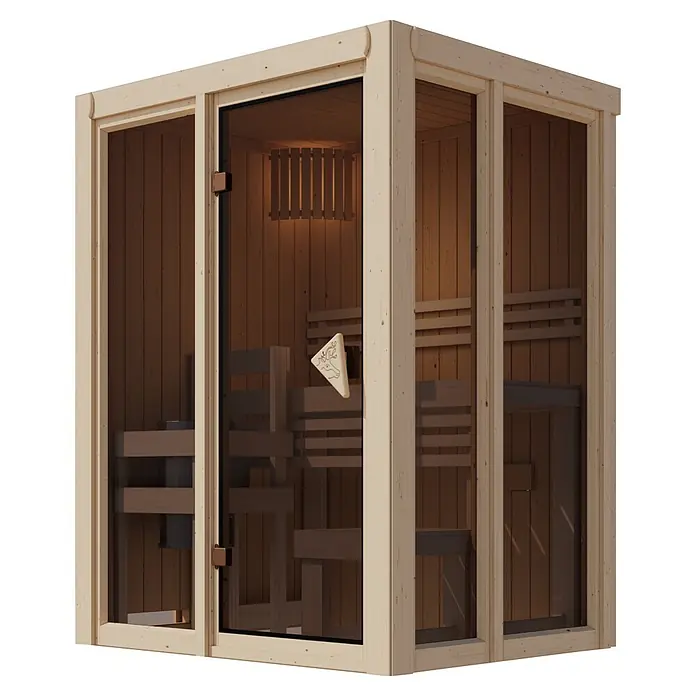 Karibu Elementsauna Balder - L x B x H: 122 x 155 x 198 cm, Plug & Play 3,6 KW Ofen mit interner Steuerung - Helle Holzsaunakabine mit Glastür und dunklem Holzinterieur, ausgestattet mit Bänken und Heizungsschutz.