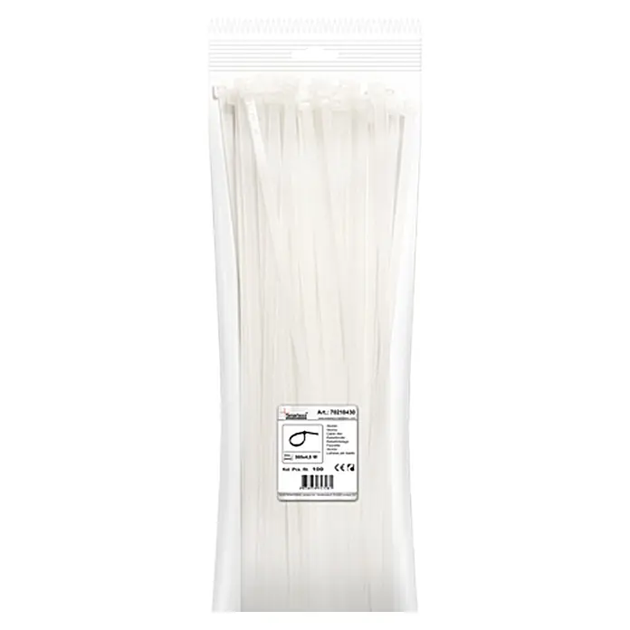 Profi Depot Bridas para cables - An x L: 48 x 360 mm, Transparente - Un paquete de abrazaderas de cable blancas, envasadas en una bolsa de plástico transparente con etiqueta y orificio para colgar.