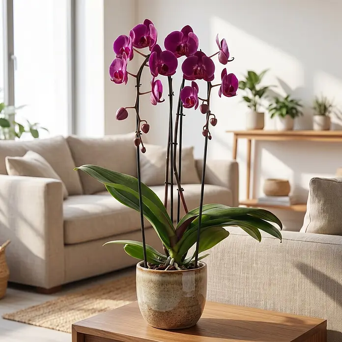 Piardino Schmetterlingsorchidee - Phalaenopsis Hybride Cascade, Topfgröße: 12 cm, Lila, Anzahl Triebe: 2 Stk., Aufrecht - Eine leuchtend violette Orchideenpflanze mit grünen Blättern in einem gesprenkelten Keramiktopf auf einem Holztisch im Wohnzimmer.
