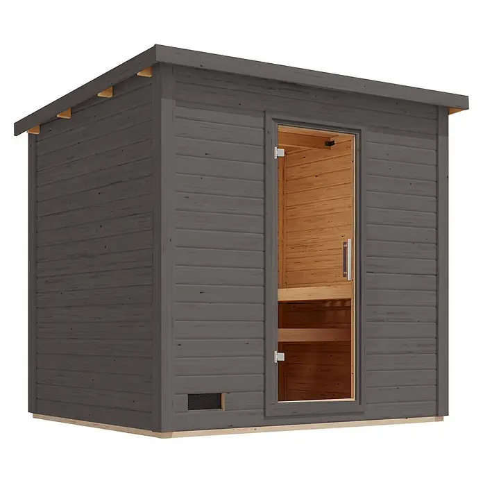 Karibu Saunahaus Kaapi 4 - 9 KW Ofen mit interner Steuerung, Terragrau, L x B x H: 196 x 231 x 238 cm - Dunkelgraue Holz-Außensauna mit hellem Holzinterieur, durch die Glastür sichtbar.
