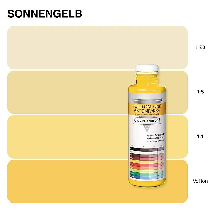 Bricoflor Vollton- & Abtönfarbe 500 ml Sonnengelb, innen und außen - gelb, Matt, 0,5 l, Wasserverdünnbar - Flasche gelbe Vollton- und Abtönfarbe mit Farbmustern, die verschiedene Verdünnungen von Sonnengelb zeigen.