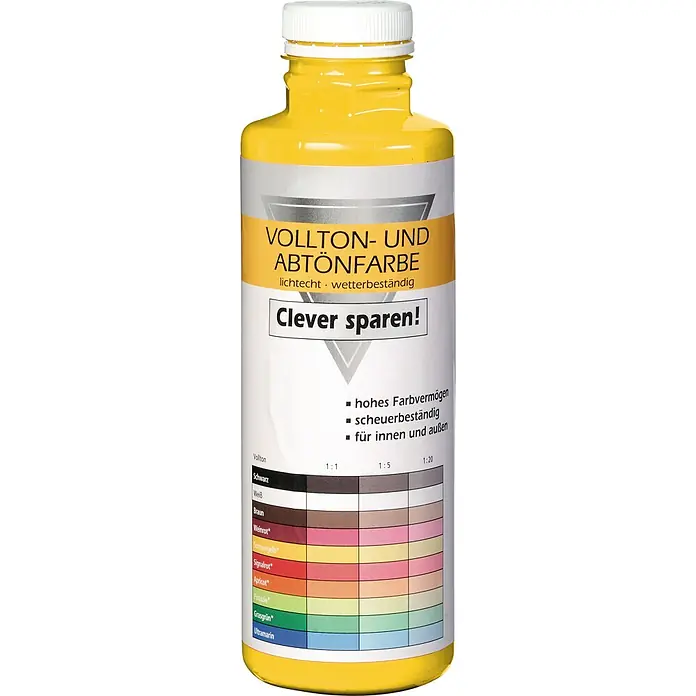 Bricoflor Vollton- & Abtönfarbe 500 ml Sonnengelb, innen und außen - gelb, Matt, 0,5 l, Wasserverdünnbar - Gelbe Flasche Vollton- und Abtönfarbe mit Etikett, das eine Farbmischtabelle und deutschen Text zeigt.