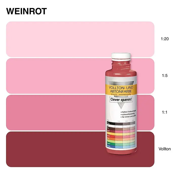 Bricoflor Vollton- & Abtönfarbe 500 ml Weinrot, innen und außen - dunkel-rot lila, Matt, 0,5 l, Wasserverdünnbar - Flasche weinroter Abtönfarbe mit Farbmuster für verschiedene Mischverhältnisse von Hellrosa bis Weinrot.