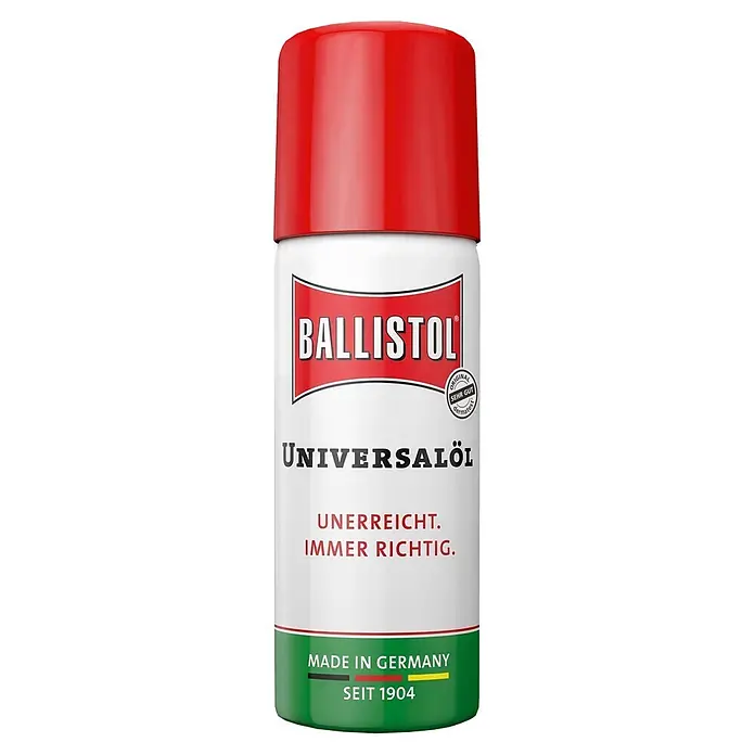 Ballistol Universalöl - 50 ml, Spray - Ballistol Universalöl Spraydose, weiß mit roter Kappe und grünem Band, beschriftet mit "Made in Germany".