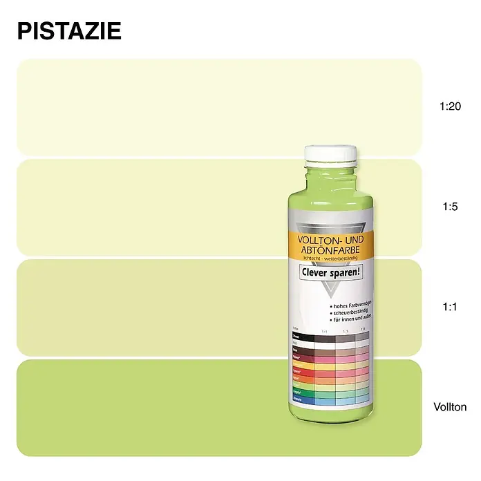 Bricoflor Vollton- & Abtönfarbe 500 ml Pistazie, innen und außen - hell-grün, Matt, 0,5 l, Wasserverdünnbar - Flasche mit pistazienfarbener Vollton- und Abtönfarbe, zeigt Farbmuster für verschiedene Mischverhältnisse.