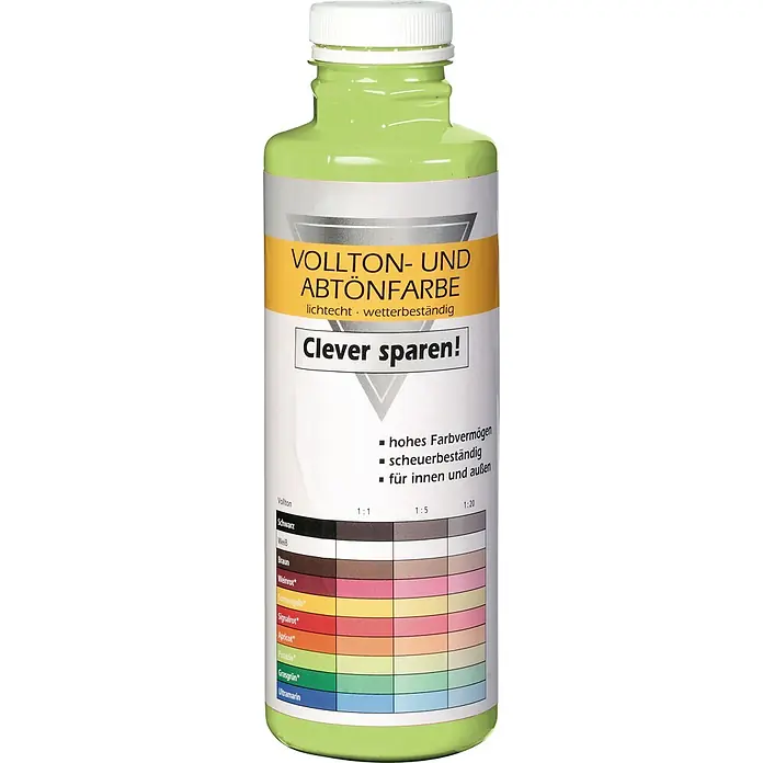 Bricoflor Vollton- & Abtönfarbe 500 ml Pistazie, innen und außen - hell-grün, Matt, 0,5 l, Wasserverdünnbar - Grüne Vollton- und Abtönfarbe in Kunststoffflasche mit Etikett, das Farbmischbeispiele, Lichtechtheit und Wetterbeständigkeit zeigt.