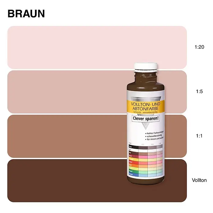 Bricoflor Vollton- & Abtönfarbe 500 ml Braun, innen und außen - dunkel-braun, Matt, 0,5 l, Wasserverdünnbar - Braune Vollton- und Abtönfarbe in einer Flasche mit Farbmustern von hellem Rosabraun bis Dunkelbraun.