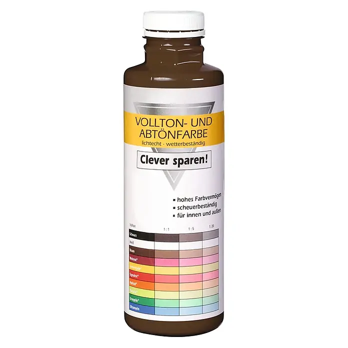 Bricoflor Vollton- & Abtönfarbe 500 ml Braun, innen und außen - dunkel-braun, Matt, 0,5 l, Wasserverdünnbar - Braune Flasche Vollton- und Abtönfarbe mit weißem Etikett, Farbtafel und deutschen Produktinfos.