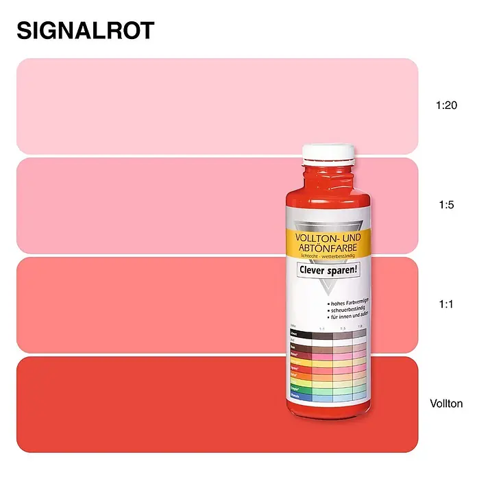 Bricoflor Vollton- & Abtönfarbe 500 ml Signalrot, innen und außen - rot, Matt, 0,5 l, Wasserverdünnbar - Rote Abtönfarbe Signalrot in Flasche, mit Farbmustern von Vollton bis Hellrosa.