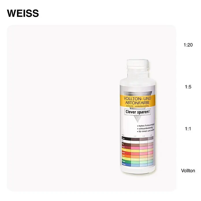 Bricoflor Vollton- & Abtönfarbe 500 ml Weiss, innen und außen - weiß, Matt, 0,5 l, Wasserverdünnbar - Weiße Flasche Abtönfarbe mit Etikett, das Farbmuster und Mischverhältnisse (1:1, 1:5, 1:20) zeigt.