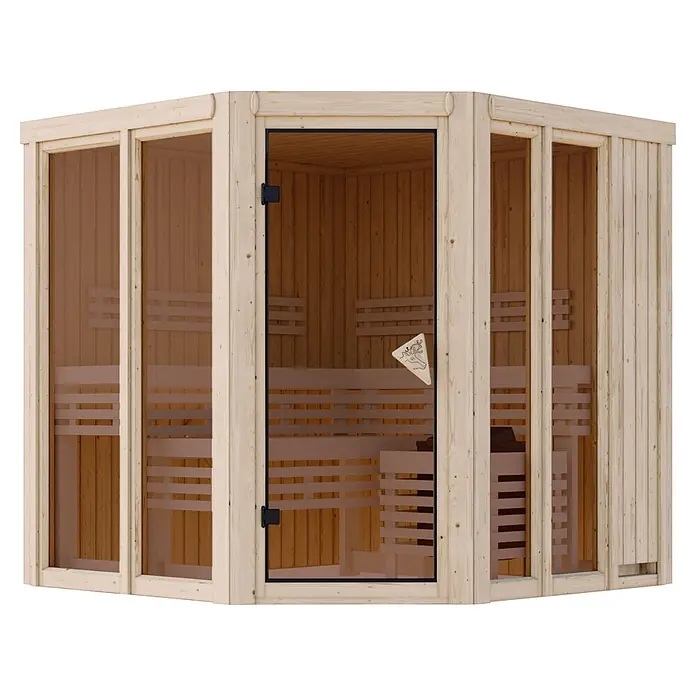 Karibu Elementsauna Bragi - L x B x H: 196 x 196 x 198 cm, Plug & Play 3,6 KW Ofen mit interner Steuerung - Ecksauna aus hellem Holz mit Glastür und Glaspaneelen.