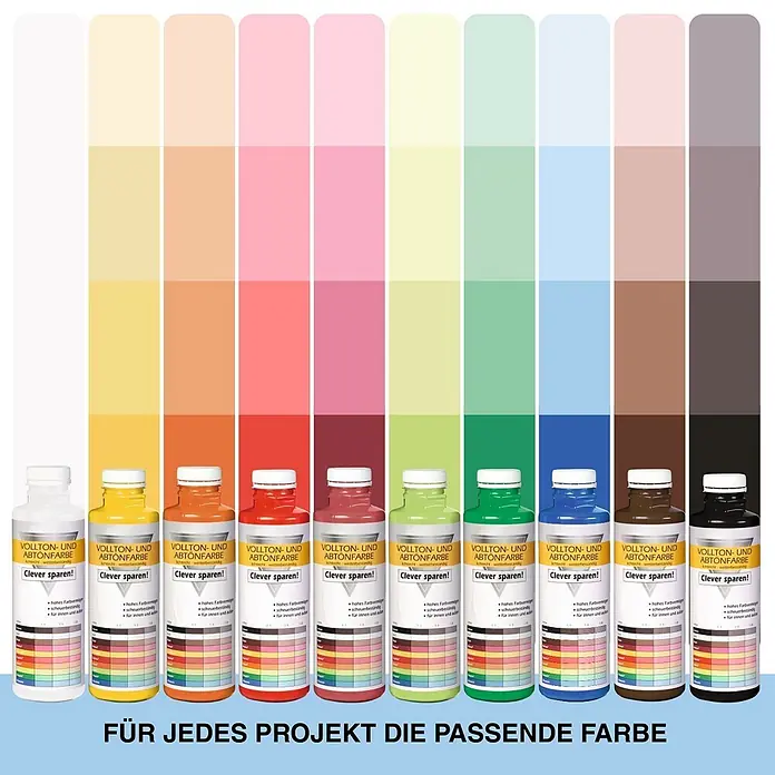 Bricoflor Vollton- & Abtönfarbe 500 ml Schwarz, innen und außen - anthrazit, Matt, 0,5 l, Wasserverdünnbar - Zehn Farbtöpfe in einem Farbverlauf von Weiß bis Schwarz, jeweils mit drei passenden Farbmustern darüber für Vollton- und Abtönfarben.