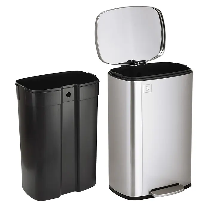 SVITA Treteimer TQ50 - 50 l, Metall, Silber - Edelstahl-Mülleimer mit offenem Deckel, Pedal und herausnehmbarem schwarzem Inneneimer.