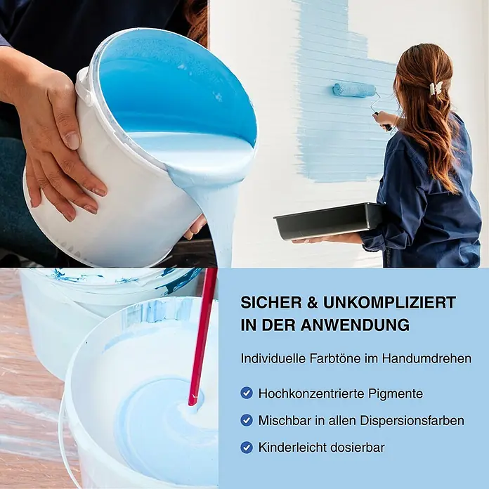 Bricoflor Vollton- & Abtönfarbe 500 ml Schwarz, innen und außen - anthrazit, Matt, 0,5 l, Wasserverdünnbar - Hellblaues Pigment wird in Farbe gemischt und auf eine Wand aufgetragen, was die Erstellung individueller Farbtöne für Malprojekte zeigt.