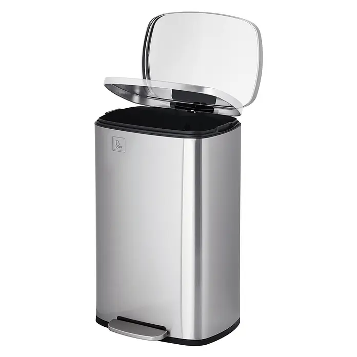 SVITA Treteimer TQ50 - 50 l, Metall, Silber - Edelstahl-Treteimer mit schwarzem Inneneimer und teilweise geöffnetem Deckel.