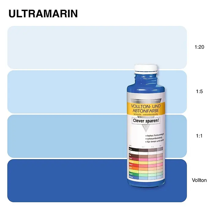 Bricoflor Vollton- & Abtönfarbe 500 ml Ultramarin, innen und außen - hell-blau, Matt, 0,5 l, Wasserverdünnbar - Blaue Ultramarin Vollton- und Abtönfarbe Flasche neben Farbmustern für Vollton und Verdünnungen (1:1, 1:5, 1:20).