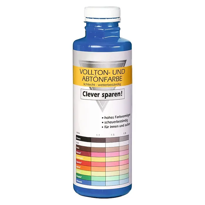 Bricoflor Vollton- & Abtönfarbe 500 ml Ultramarin, innen und außen - hell-blau, Matt, 0,5 l, Wasserverdünnbar - Blaue Flasche Vollton- und Abtönfarbe mit Farbmuster auf dem Etikett. Für innen und außen geeignet.