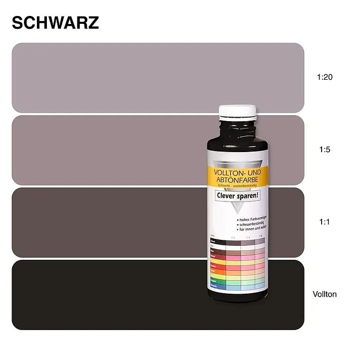 Bricoflor Vollton- & Abtönfarbe 500 ml Schwarz, innen und außen - anthrazit, Matt, 0,5 l, Wasserverdünnbar - Flasche schwarze Vollton- und Abtönfarbe mit Farbfeldern von Hellgrau bis Vollton Schwarz.
