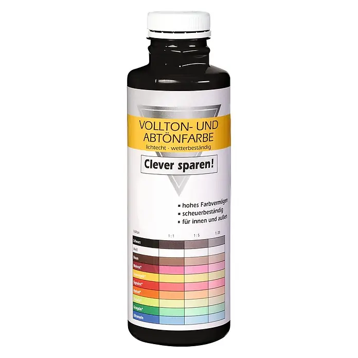Bricoflor Vollton- & Abtönfarbe 500 ml Schwarz, innen und außen - anthrazit, Matt, 0,5 l, Wasserverdünnbar - Dunkle Flasche mit Abtönfarbe, weißem Deckel und bunter Farbskala auf dem Etikett.