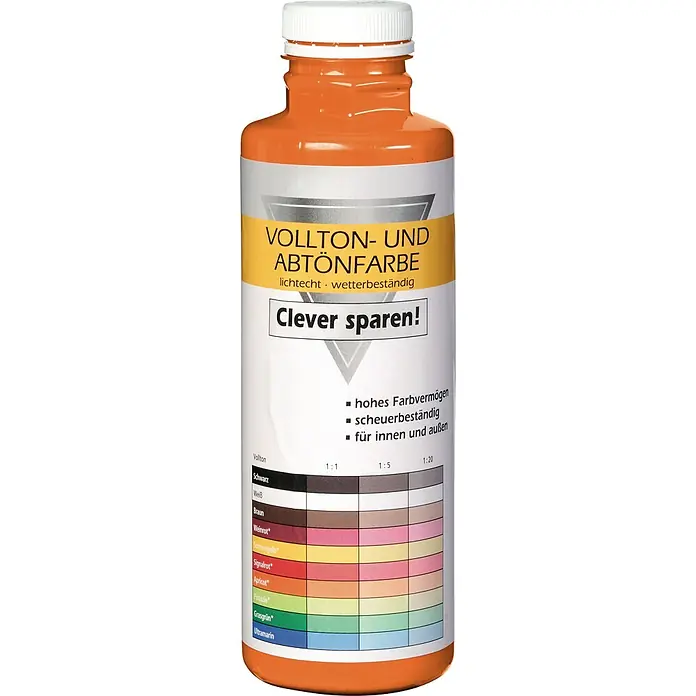 Bricoflor Vollton- & Abtönfarbe 500 ml Aprikot, innen und außen - hell-rot orange, Matt, 0,5 l, Wasserverdünnbar - Orange Farbflasche mit weißem Deckel und Etikett mit Farbmuster-Tabelle für Vollton- und Abtönfarbe.
