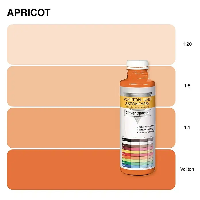 Bricoflor Vollton- & Abtönfarbe 500 ml Aprikot, innen und außen - hell-rot orange, Matt, 0,5 l, Wasserverdünnbar - Apricotfarbene Vollton- und Abtönfarbe in Flasche mit Farbtafeln für verschiedene Mischverhältnisse (1:20, 1:5, 1:1, Vollton).